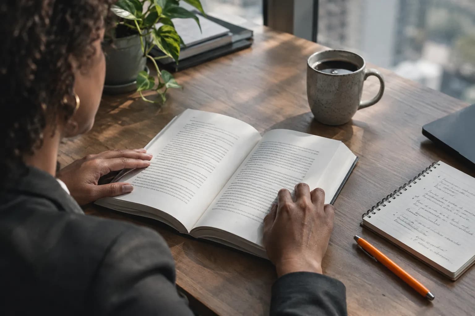 Livro aberto sobre a mesa, ao lado de um caderno com anotações