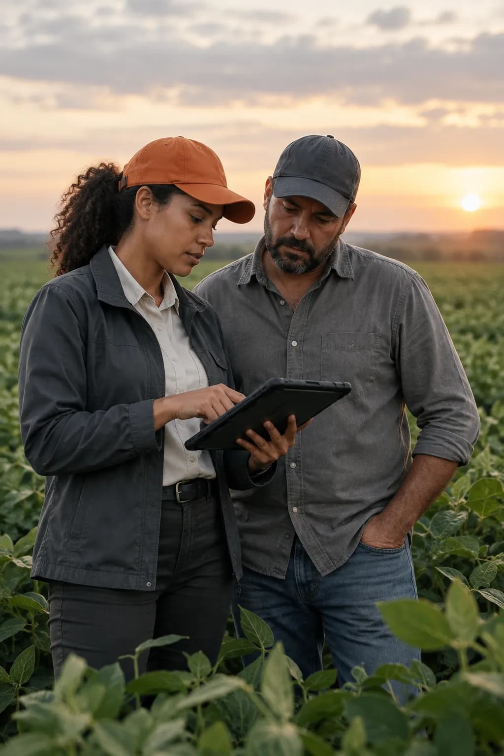 Agrônoma e produtor rural consultando um tablet na lavoura