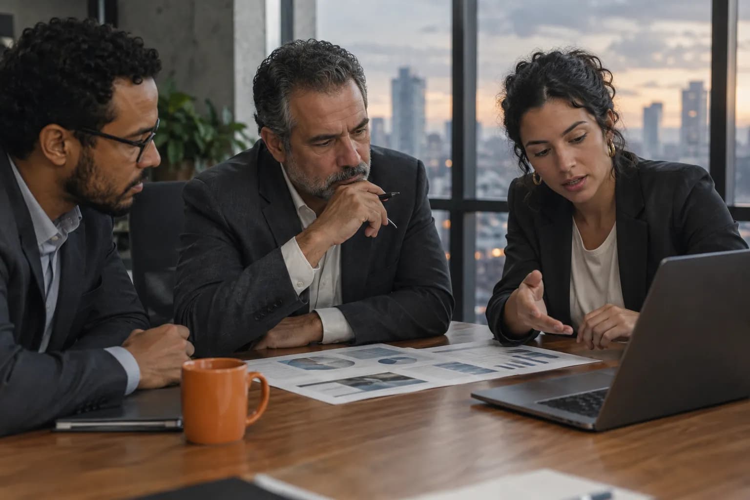 Executivos em volta de uma mesa decidindo a partir de dados
